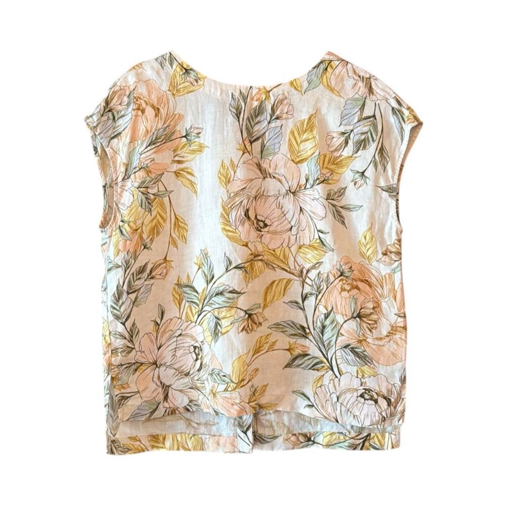 NICOLE MILLER New York 100% Linen Floral Blouse | Peony Print | Cap Sleeve Butto